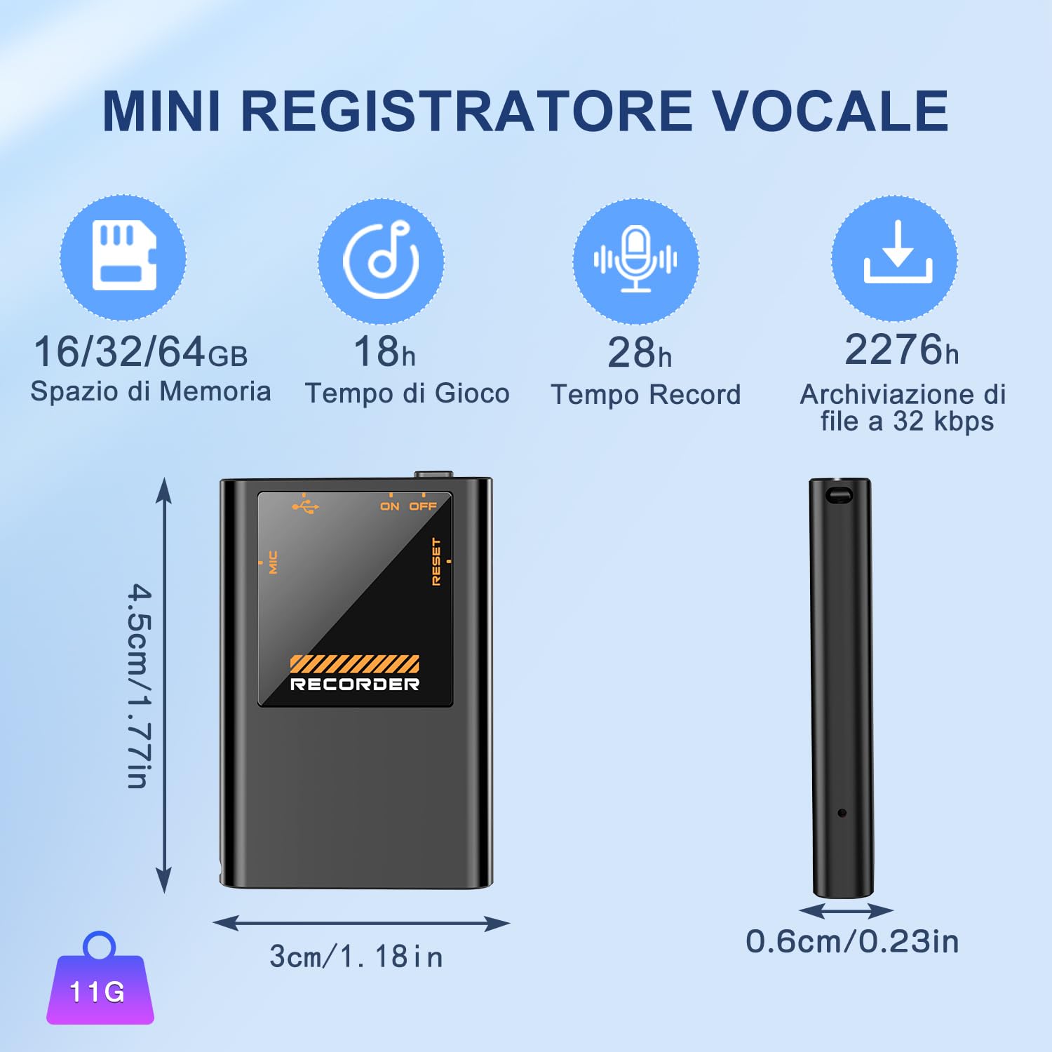 64GB Registratore Vocale, 192Kbps Mini Registratore Professionale ad Attivazione Vocale con Riduzione del Rumore, 30 Ore di Registrazione Continua per Conferenze/Riunioni/Interviste（Versione OTG）