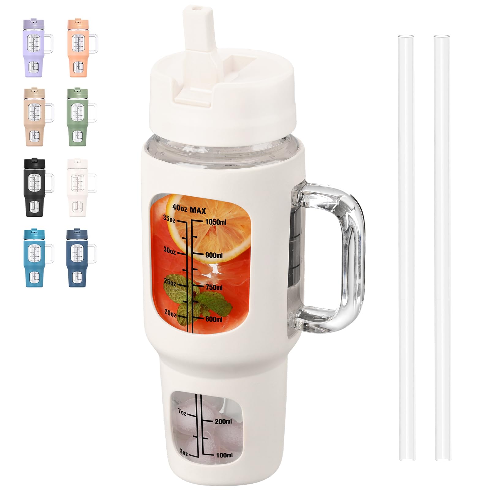 Glass Tumbler with Straw and Lid, 40 oz Glass Water Bottles with Handle ...