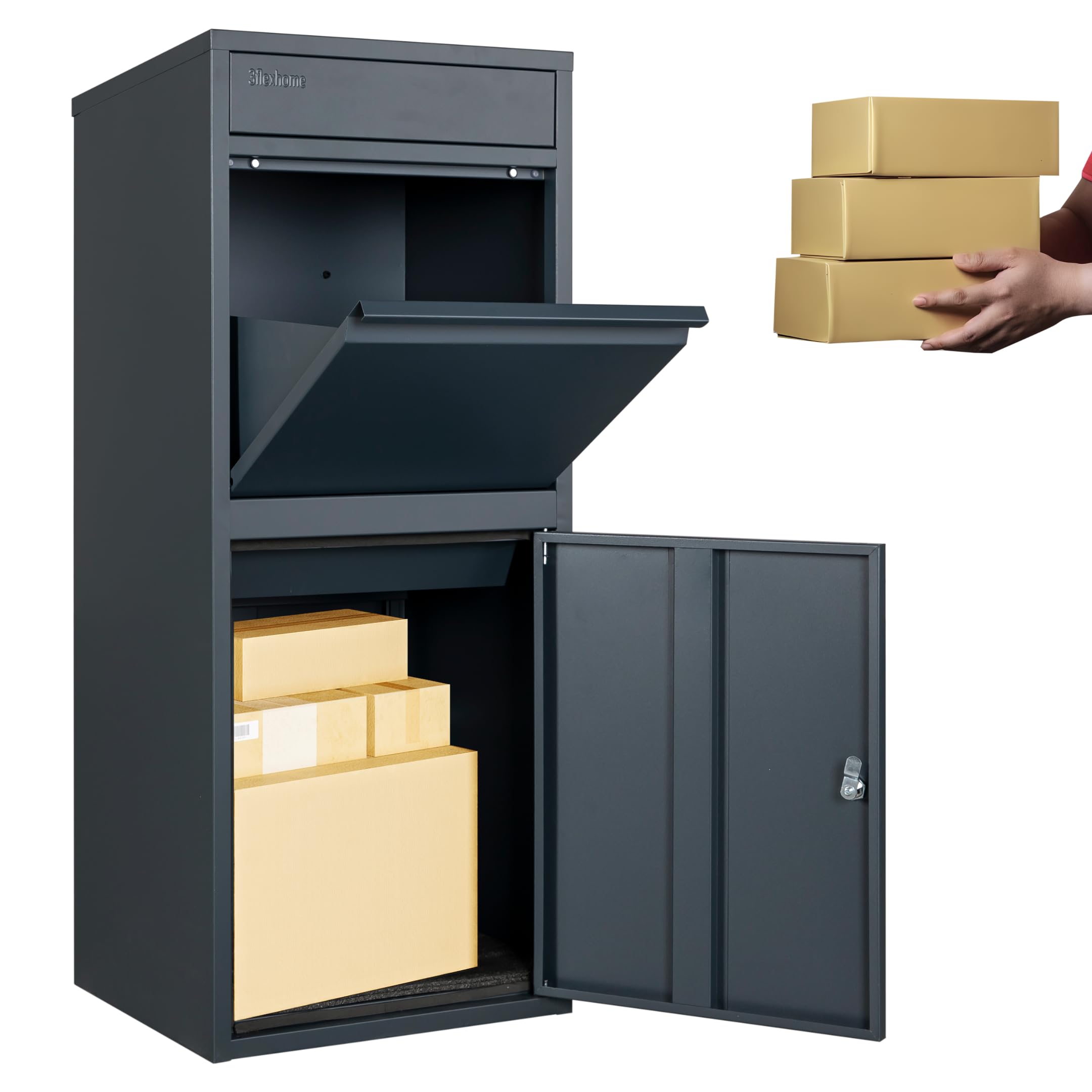 3FlexHome Extra Large Parcel Delivery Box - Large Parcel Drop Box Outdoor, Delivery Box with Secure Front & Rear Access, Durable, Lockable Weatherproof Parcel Drop Box For Multiple Packages (GREY)
