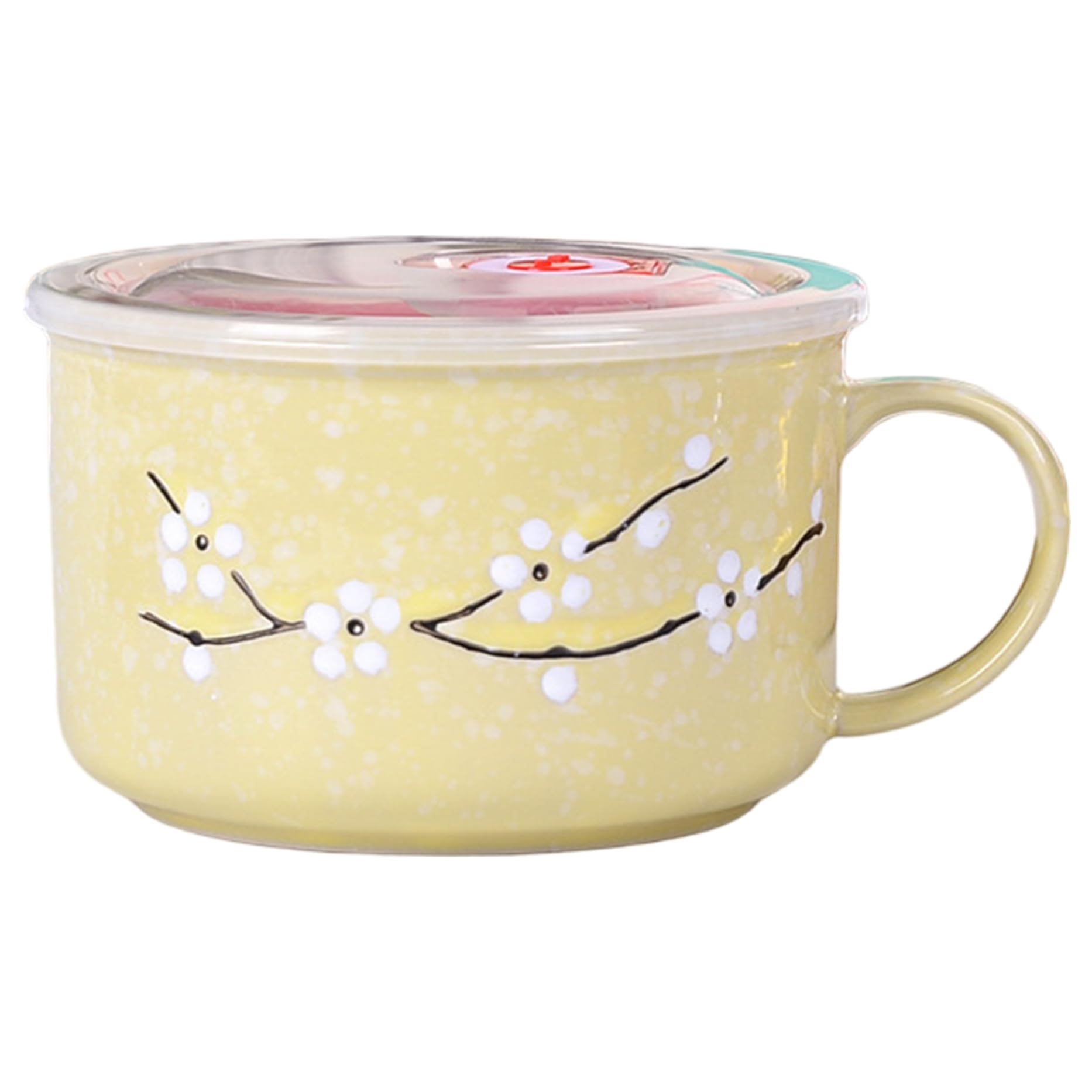 Hperu Yellow Soup Bowls With Handles 800Ml/28Oz Sealing Heat-Resistant Microwave Soup Mug With Lid Floral Wintersweet Ceramic Travel Mug For Ramen, Noodle, Porridge - Ceramic Bowl With Lid