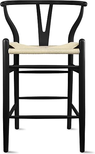 Miniatura 1 de 2xhome Taburetes de bar de altura de mostrador de Wishbone de estilo rústico con respaldo, asiento tejido de luz oscura, madera negra, totalmente