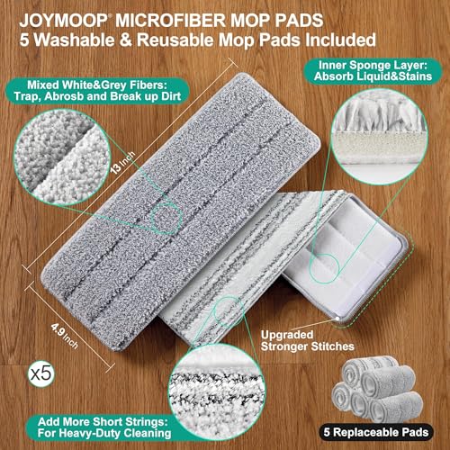 JOYMOOP Mop and Bucket with Wringer Set, White Flat Squeeze Mop Bucket Set for Floor Cleaning, Wet Dry Mop for Walls, Wall Cleaner with Long Handle, Hardwood Floor Mop-5 Microfiber Cloths