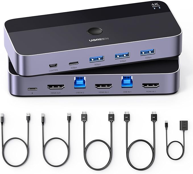 UGREEN USB 3.0 HDMI KVM Switch with 4 USB 3.0 Ports 4K@60Hz for 2 Computers Sharing 1 Monitor Keyboard Mouse Hard Drives Printer, with 2 HDMI Cables, 2 USB Cables and Controller
