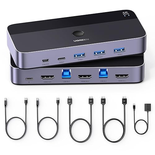 UGREEN USB 3.0 HDMI KVM Switch with 4 USB 3.0 Ports 4K@60Hz for 2 Computers Sharing 1 Monitor Keyboard Mouse Hard Drives Printer, with 2 HDMI Cables, 2 USB Cables and Controller