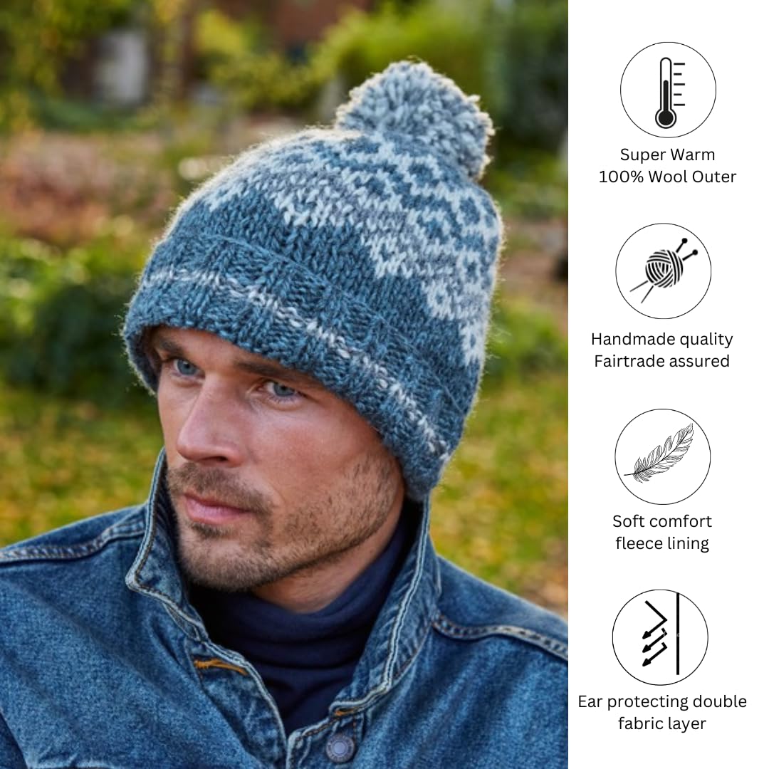 Pachamama Gorro de lana para hombre, con forro polar, tejido a mano, contemporáneo, talla única, hecho a mano, extra cálido, comercio justo