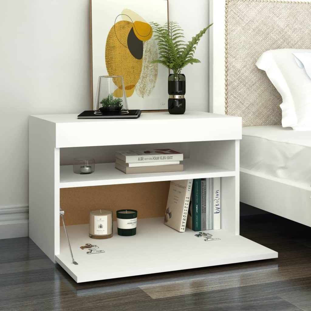 vidaXL 2X Mesita de Noche y Luces LED Aparador Auxiliar Armario Cama Dormitorio Habitación Organizador Almacenamiento Blanco 60x35x40 cm