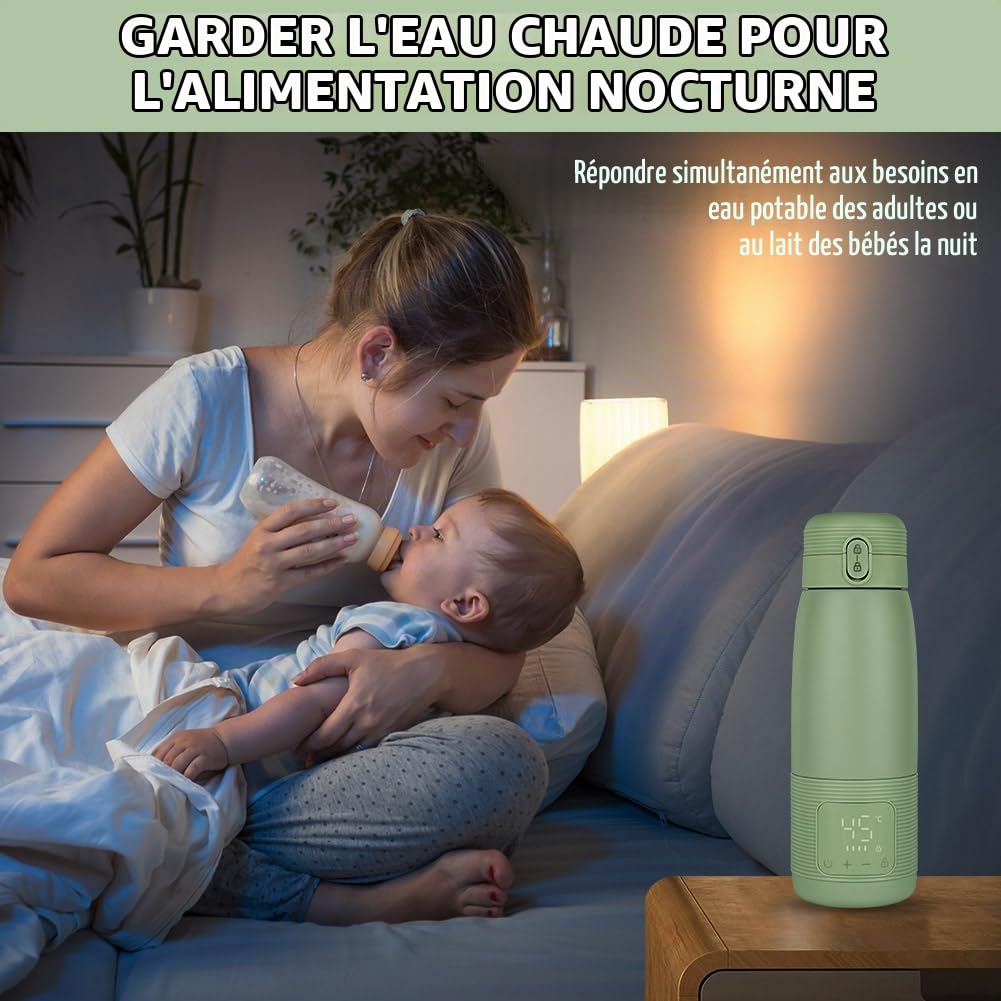 Aolso Chauffe Biberon Portable Sans Fil, Chauffe Biberon Portable pour Nomade, Grande Capacité de 500ml pour Toute la Journée, Chauffe Biberon Portable/Voiture Recharge USB, pour les Voyages