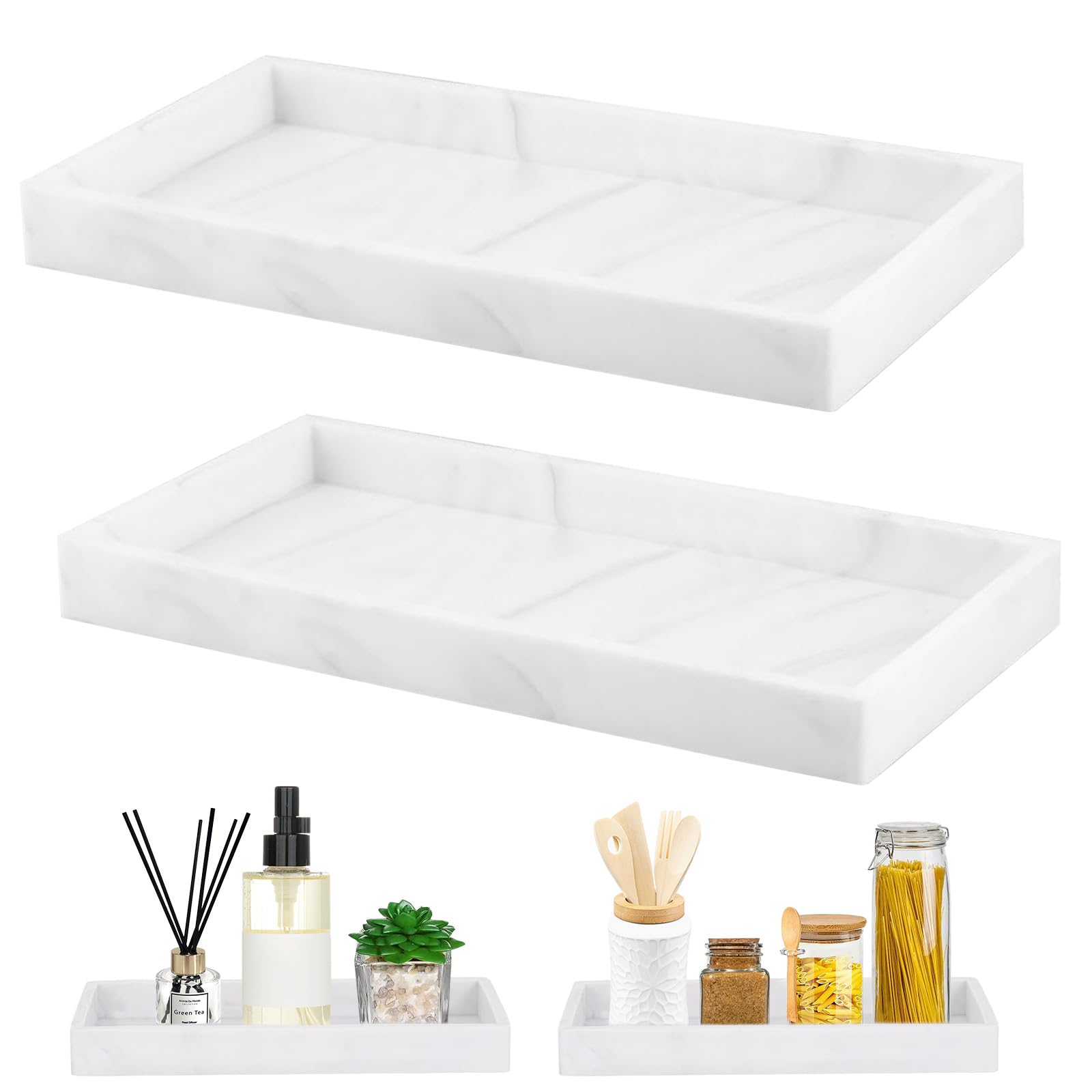 MOLENCO 2 Pcs Bathroom Tray, Decorative Silicone Cosmetic Tray, Bathroom Vanity Trays, Rectangle Marble Pattern Organizer for Perfume, Bedroom, Countertop(7.87 × 3.93 in)