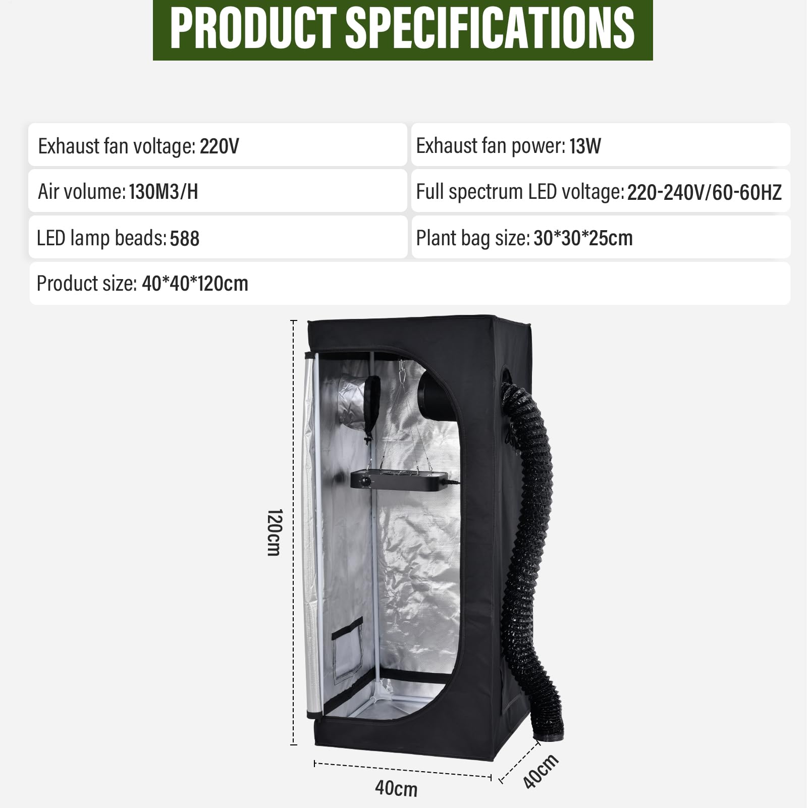 Hydroponik, tenda per piante, set completo, 60 x 60 x 140 cm, lampada a LED da 100 W, filtro ai carboni attivi, ventola, accessori per l'allevamento per interni e hobby, a casa