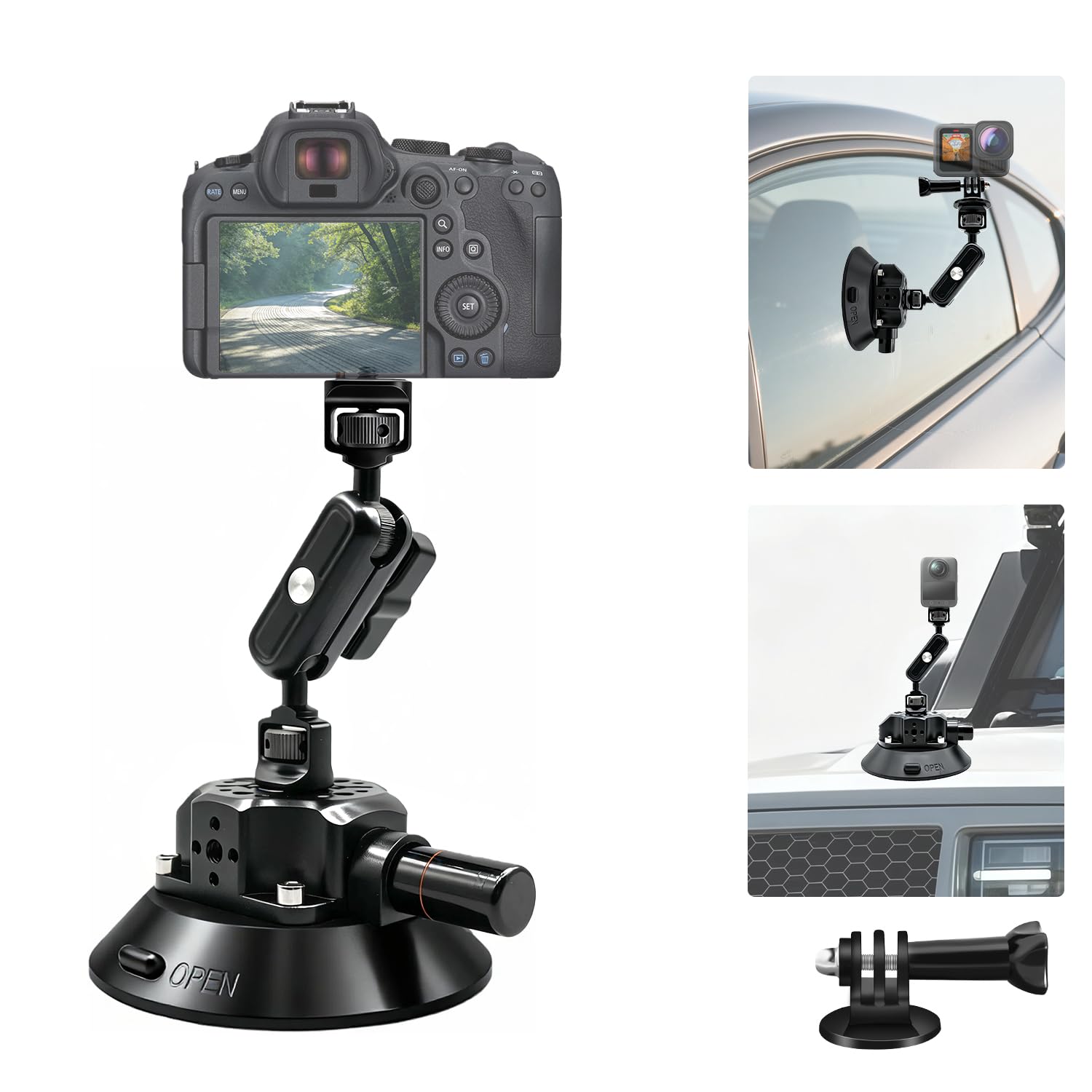 5'' DSLR Cámaras Coche Ventosa Soporte Compatible con Insta360 X5-X,Osmo 360/ Osmo Nano,60KG/132lbs Metal Bomba de Vacío Succión Soporte con Rótula Mágica & ARRI 1/4" 3/8" Agujeros para Acción Cámara