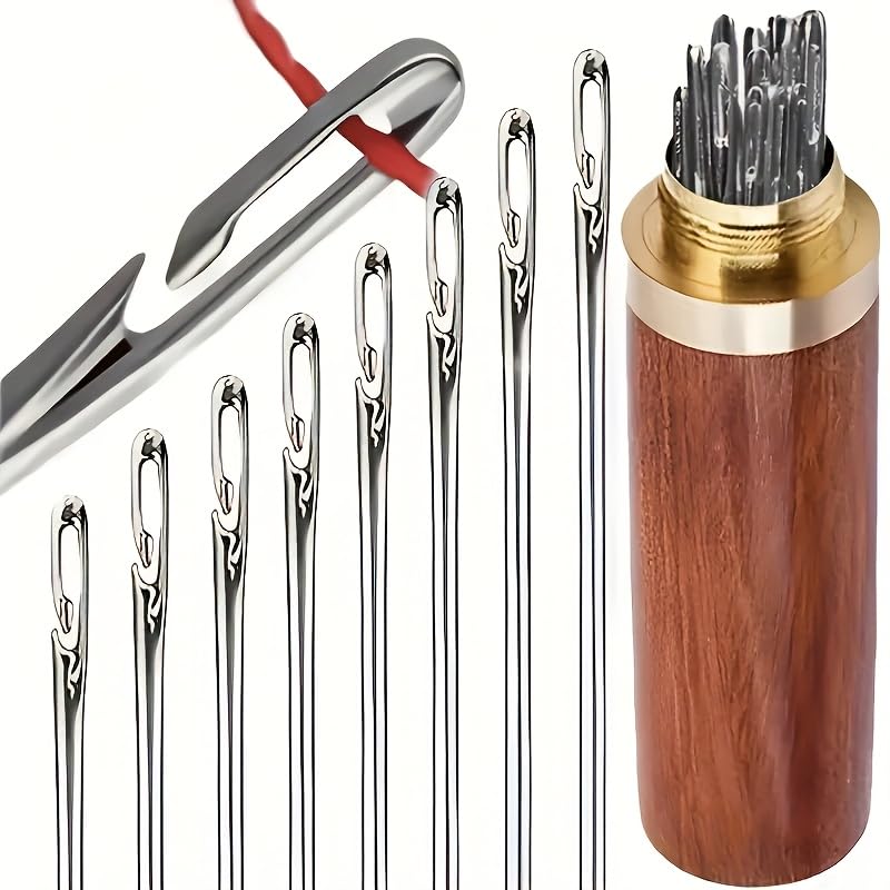 36 Piece Hand Sewing Needles Set with Wooden Storage Bottle, Large Eye Sewing Needles for Hand Stitching, Leather Sewing, Yarn, Embroidery, Repair and DIY Craft Projects