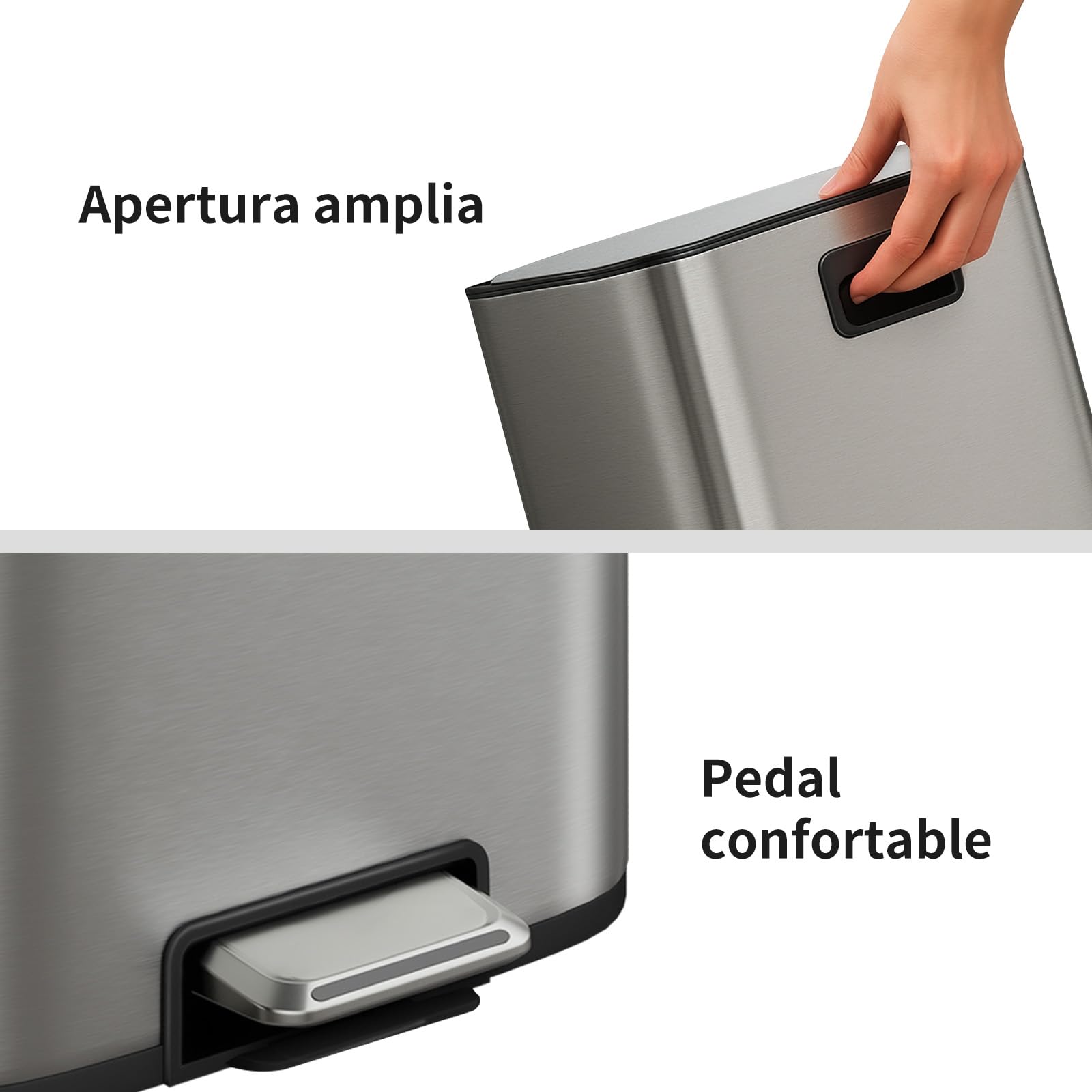 mVm Papelera de Cocina con Pedal 40L, Cubo de Basura Gris, Acero Inoxidable Antihuellas, Tapa Amortiguada Cierre Suave, con Cubo Interior Extraíble, para Cocina Oficina Baño