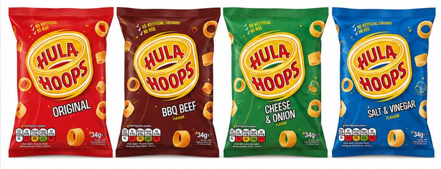 Hula Hoops Mixed Variety Selection Box Original BBQ Beef Salt & Vinegar Cheese & Onion Flavours 32 Packets x 34g Potato Crisps Snack