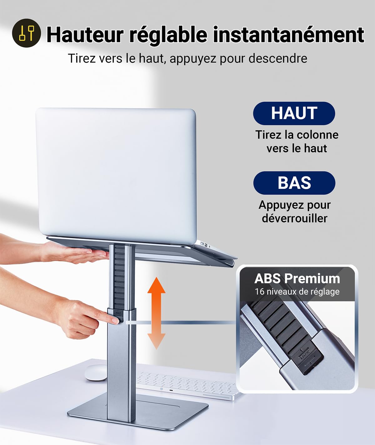 Support PC Portable Assis Debout Ergonomique - 16 Niveaux Hauteur pour DJ, Télétravail, Visioconférence - Compatible Ordinateurs 13-16 Pouces, Gris