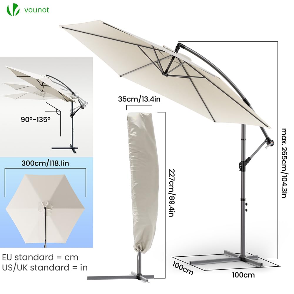VOUNOT Ombrellone da Giardino Diametro 3M Decentrato Parasole Base a Croce Protezione UV Beige