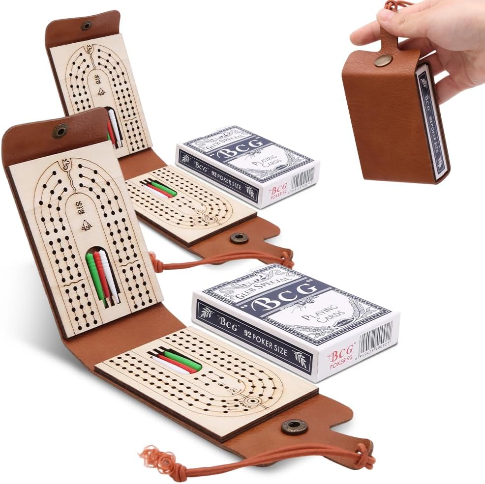 Foldable Travel Cribbage Board Game Set, Leather Cribbage Board Set - 6 Pegs, 1 Playing Card and Instruction, Portable Travel Cribbage Board with Storage Area for Cribbage Lovers (1pcs)
