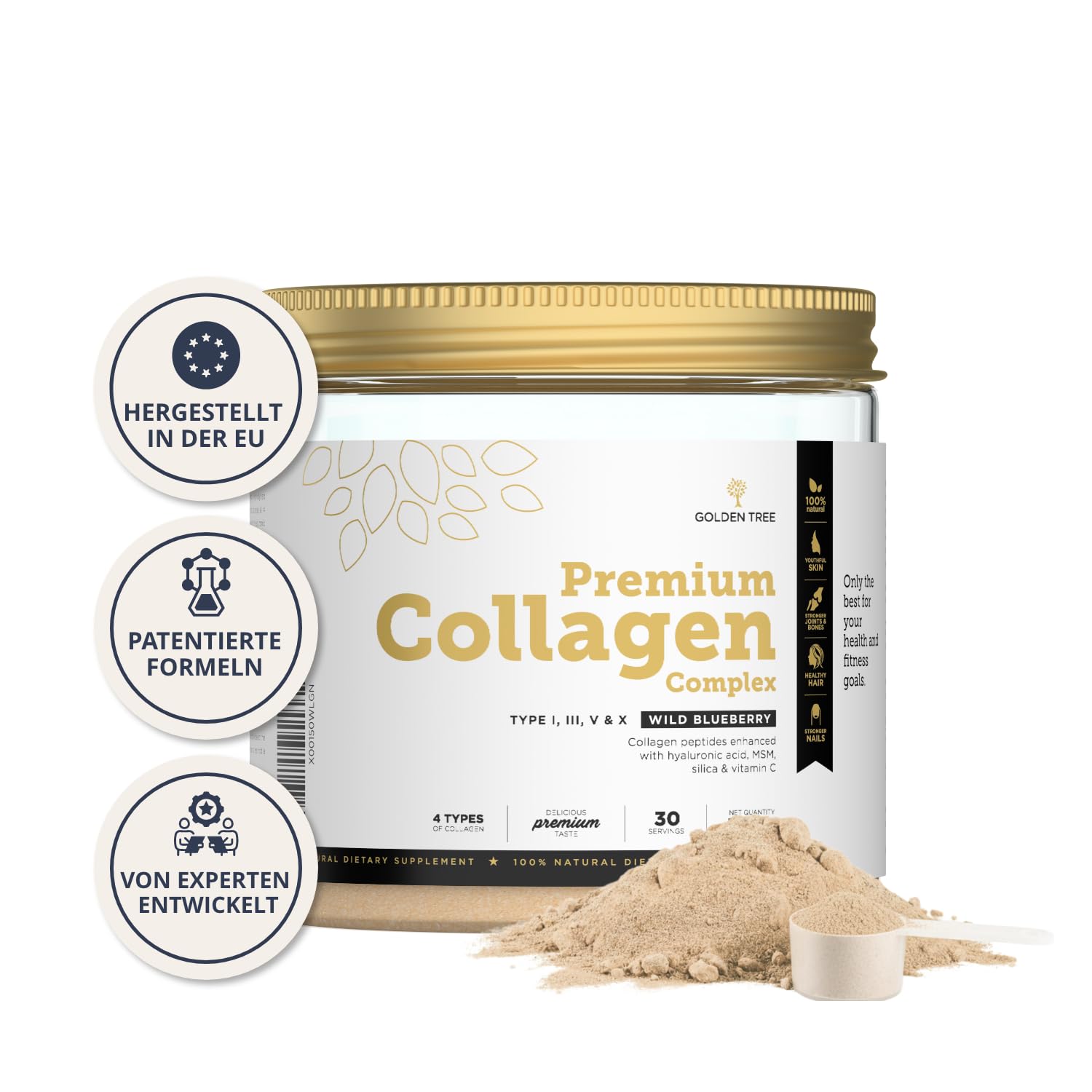 Golden Tree Premium Collagen Complex – Kollagen Pulver, 330 g | MSM, Hyaluronsäure, Vitamin C, Silizium, Kollagen Peptide Typen I, III, V und X, 30 Portionen