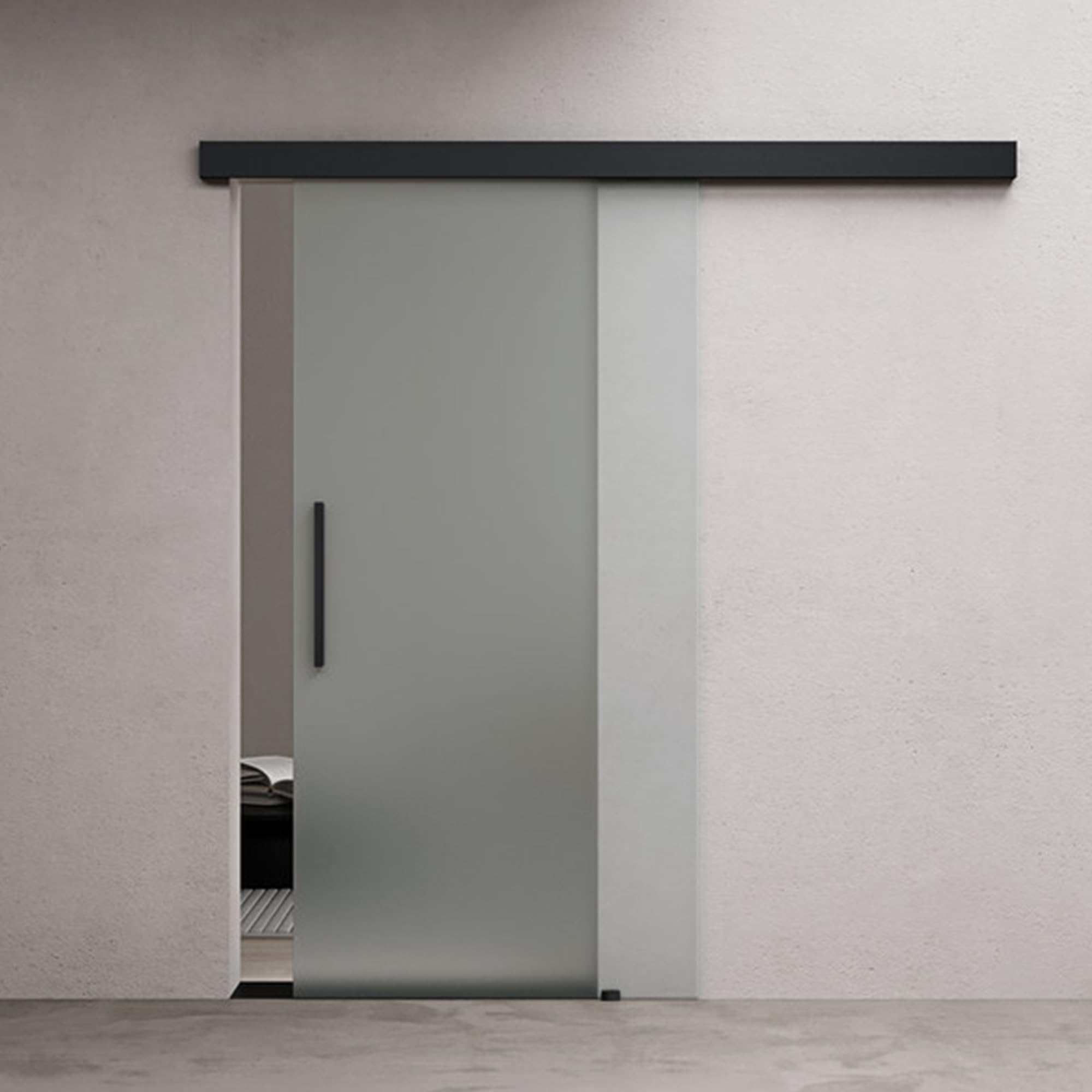 doporro Porta Scorrevole in Vetro 102.5x215cm, Porta Scorrevole in Vetro Satinato 8mm con Binario e Maniglia Per Asta per Bagno Cucina Studio Ufficio, Nero, Amalfi-plus 14H