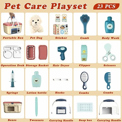 Miniatura 3 de Jade Hare Juego de cuidado de mascotas, kit médico para niños, 23 piezas de juegos de simulación de doctor para niños con perro de peluche, juguetes