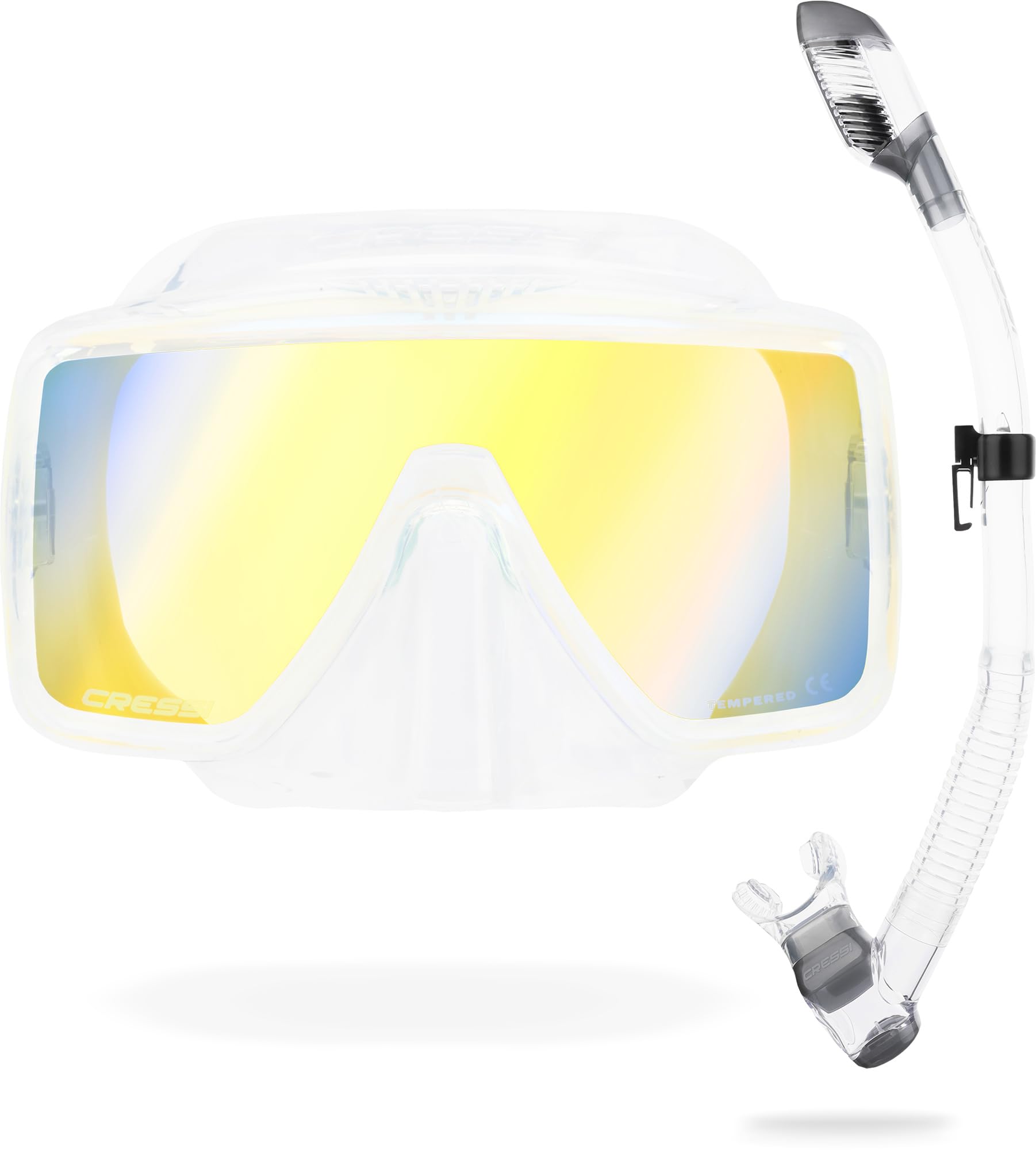 Cressi desde 1946 - SF1 & Dry Combo - Set Máscara Cuadrada sin Marco con Lente Templada + Tubo Dry para Buceo Apnea y Snorkeling - Transparente/Plata_Lentes 380 UV Amarillo/Azul - Talla Única Unisex