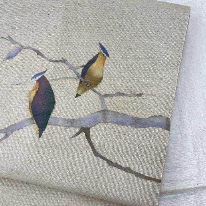 182 名古屋帯 帯 和紙 鳥 紬 おしゃれ きなり ベージュ 正絹 可愛い 182 名古屋帯 帯 和紙 鳥 紬 おしゃれ きなり ベージュ 正絹 可愛い