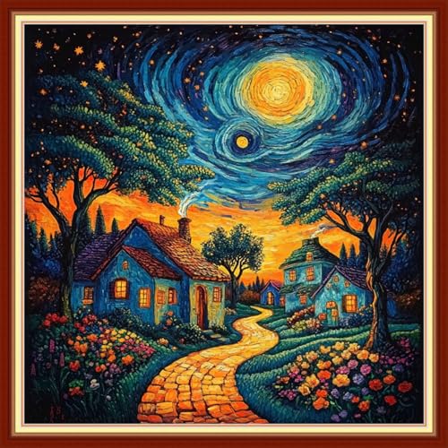 Image of Funxvoot Stamped Cross Stitch Kits for Beginners or Adults Embroidery Starter Patterns | DIY Printed Cross Stitch Kits Needlepoint for Adults 11CT-Van Gogh Starry Sky Garden 18x18 inch