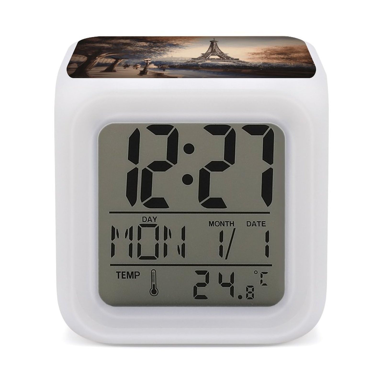 VstaDank Romantic Paris Eiffel Tower Alarm Clock for Bedrooms Small Clocks with 7 Color Night Light Desk Clock with Large Numbers Loud Wake Up Timer Ideal for Gift & Room Decor