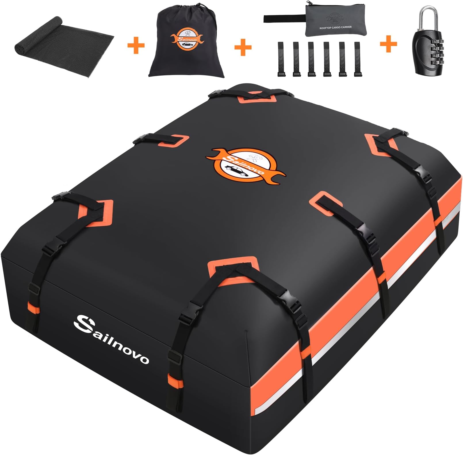 Sailnovo Car Roof Bag Waterproof 21 Cubic Feet/595L,Roof Box 1000D PVC Rooftop Cargo Carrier with Anti-Slip Mat,Combination Lock,Storage Bag,Door Hooks & Strap fit Vehicle with/Without Luggage Rack