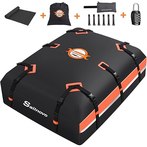 Sailnovo Car Rooftop Cargo Carrier 21 Cubic Feet, Waterproof 1000D PVC Car Roof Bag with Anti-Slip Mat, Combination Lock, Storage Bag, Door Hooks & Tie-Down Strap fit Vehicle with/Without Luggage Rack