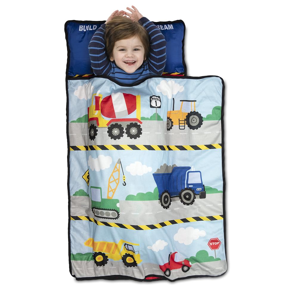 Funhouse Construction Area Trucks Kids Nap Mat Set – Includes Removable Pillow and Fleece Blanket – Great for Boys Napping During Daycare or Preschool - Fits Toddlers, Blue-picture-24