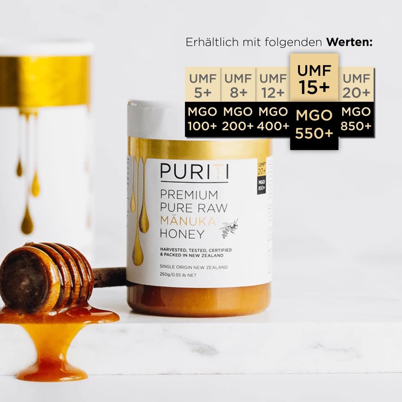 PURITI Manuka Honig MGO 550+ 500g aus Neuseeland mit zertifiziertem Methylglyoxal Gehalt - Laborgeprüft, Direktimport, reines Naturprodukt, frei von Zusatzstoffen