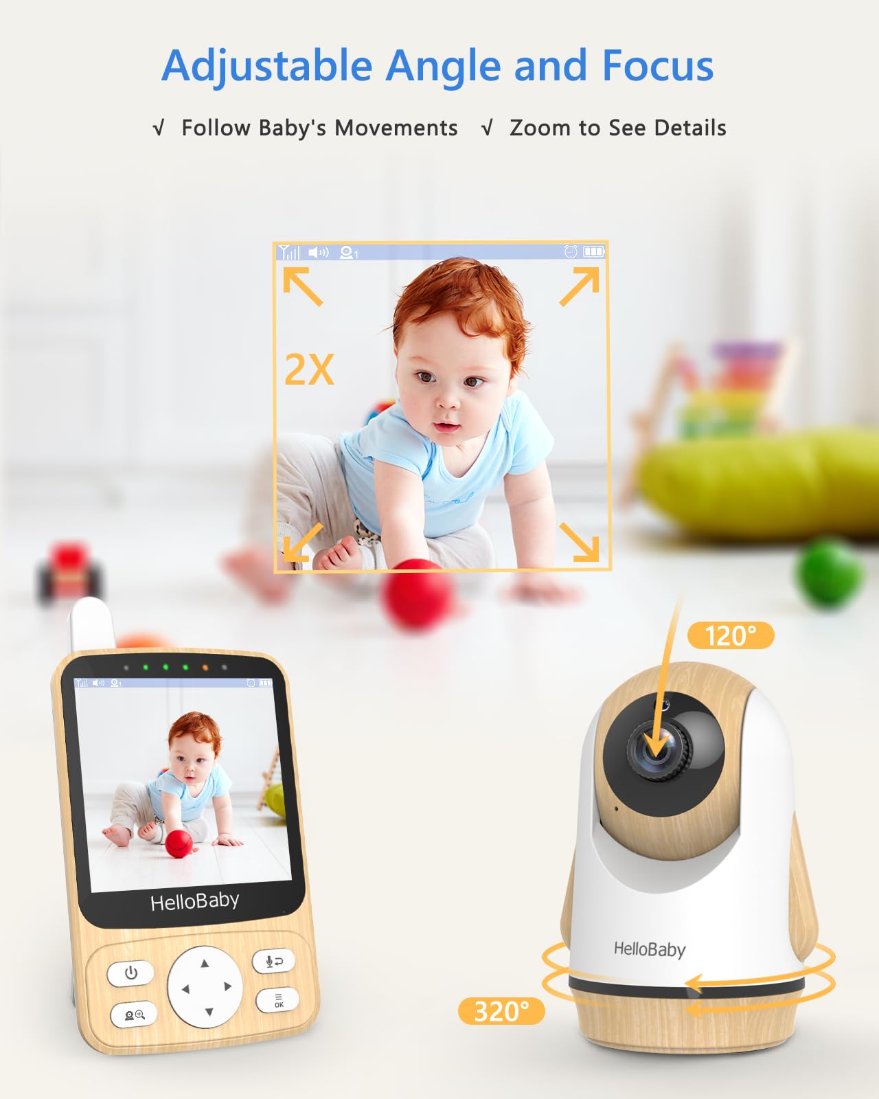 HelloBaby Babyphone Caméra sans WiFi ，Ondes PTZ 4" Vision Nocturne, Autonomie 26h (2800mAh), Portée 300m, Alerte Température and Pleurs, Montage Murale,Voyage