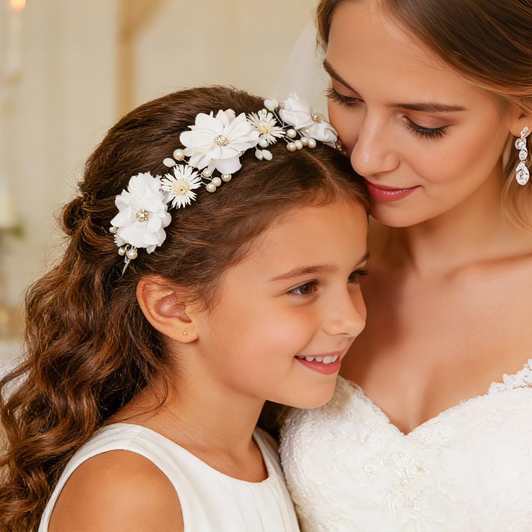 Campsis Flower Girl Headpiece, Pearl Floral Headband, White Communion Hair Accessory for Bridal - Image 7