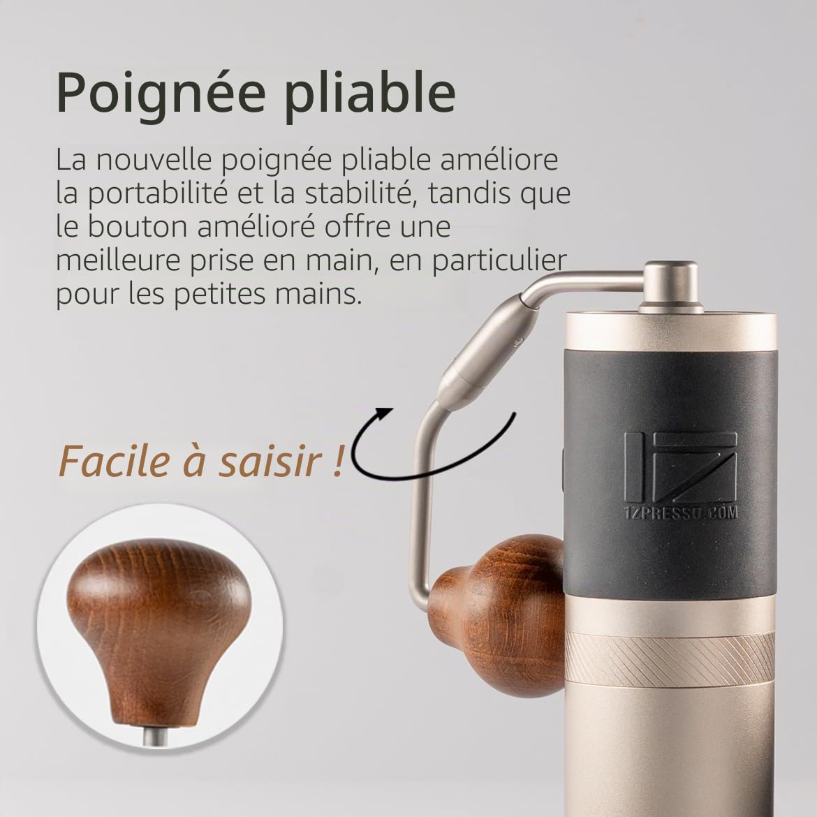 Moulin à café Manuel 1Zpresso J Argent avec assemblage Fraise conique en acier inoxydable – Réglage interne numérique réglable, moulin portable plus rapide pour broyer grossièrement pour filtre