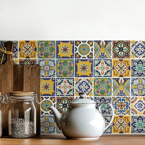 meihea 30 Pcs Moroccan Tile Stickers Peel and Stick Backsplash - Self-Adhesive Vintage Wall Decals for Kitchen & Bathroom - 4x4 Inch Decorative Removable