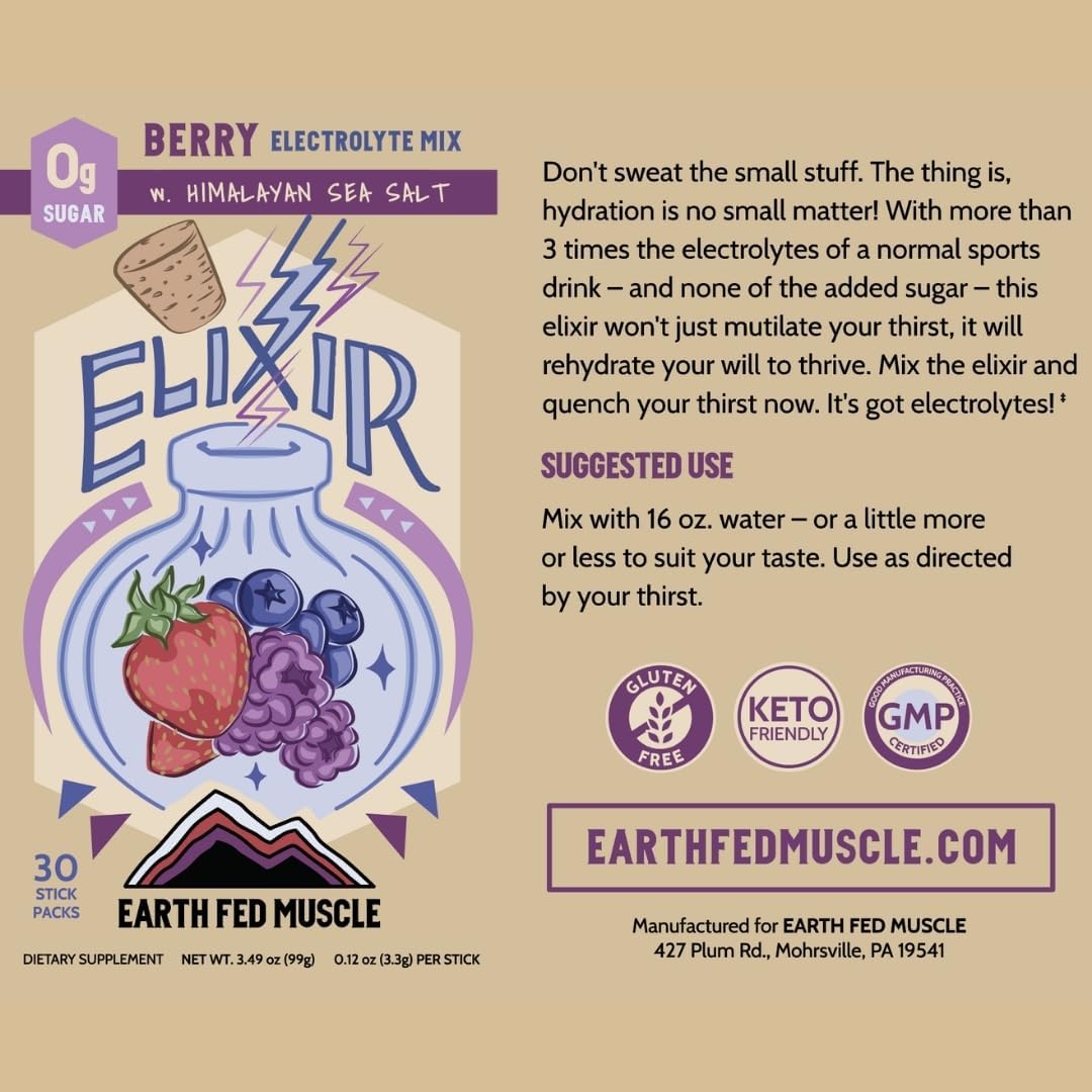 Earth Fed Muscle Elixir Electrolyte Powder Packets - Berry Flavor with Himalayan Sea Salt - Sugar Free, Stevia Sweetened - 3X Electrolytes - 30 Single Serve Hydration Drink Mix Sticks - Image 5