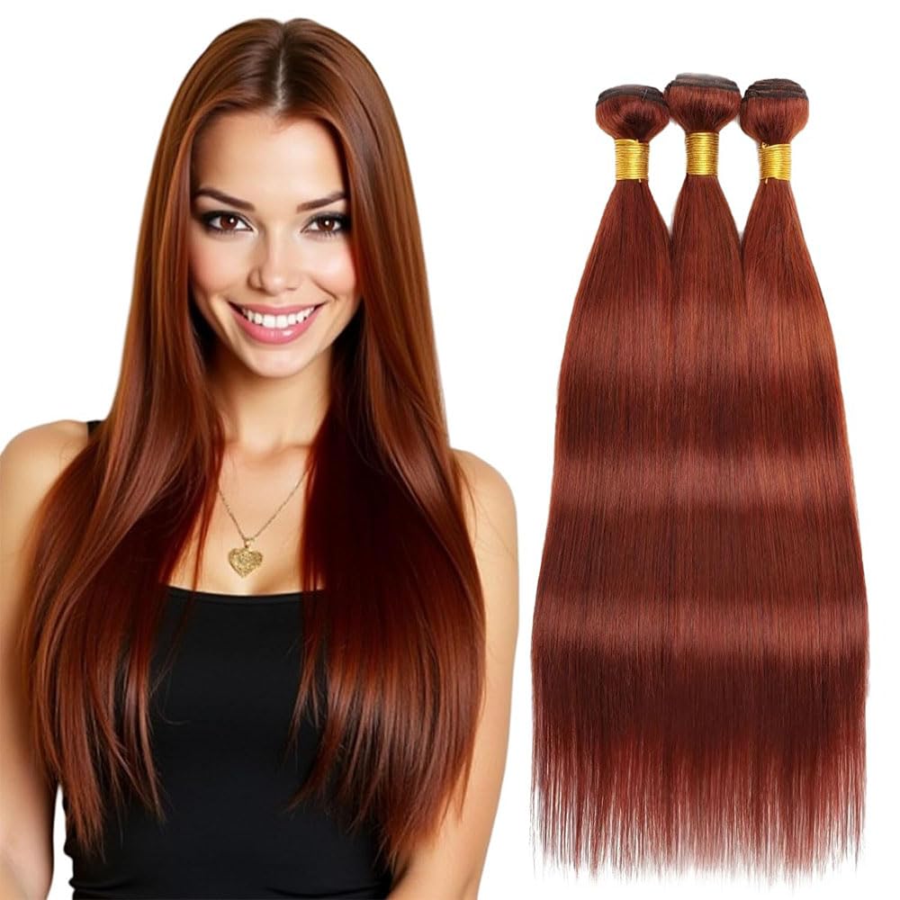 Tuheerst Straight Human Hair Bundles #33 Reddish Brown Color Doubles Weft Weave 3 Bundles Total 150g Unprocessed Human Hair Extension For Women 20 22 24 Inch