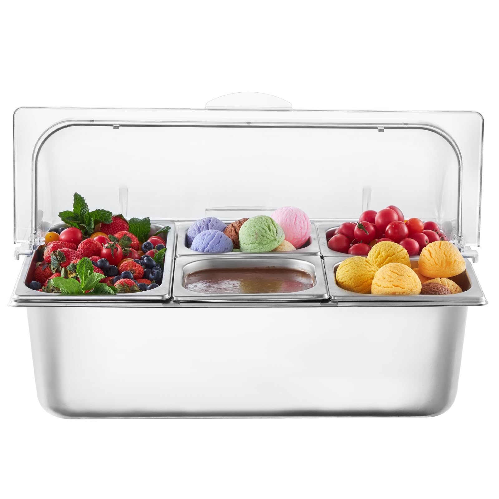 VEVOR Saladette Réfrigérée à Poser avec 5 Plateaux de Service en Acier Inoxydable, Vitrine Réfrigérée Comptoir avec Couvercles Transparents et 3 Bacs à Glaçons, pour Restaurant Hôtel Cuisine Fête