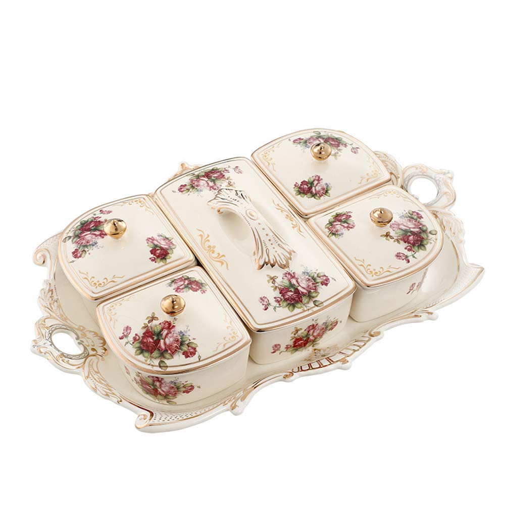 Kimmyer Candy and Nut Serving Container, 5 Sectional Ceramic Server Snack, Fruit Platter with Lids and Versatile Tray, for Cheese Crackers Appetizers Parties