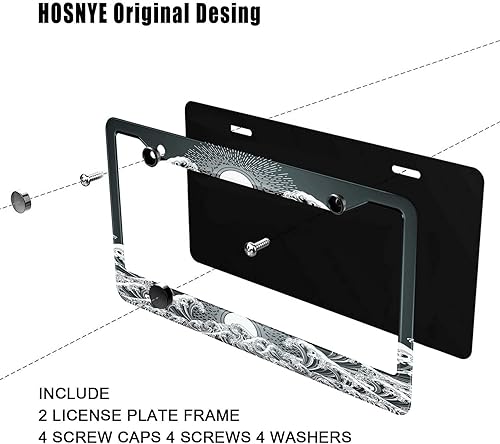 Miniatura 4 de HOSNYE Marco de matrícula Japan Wave negro, 2 unidades, diseño oriental del sol, de metal, lindo marco de placas de matrícula, marco de matrícula de