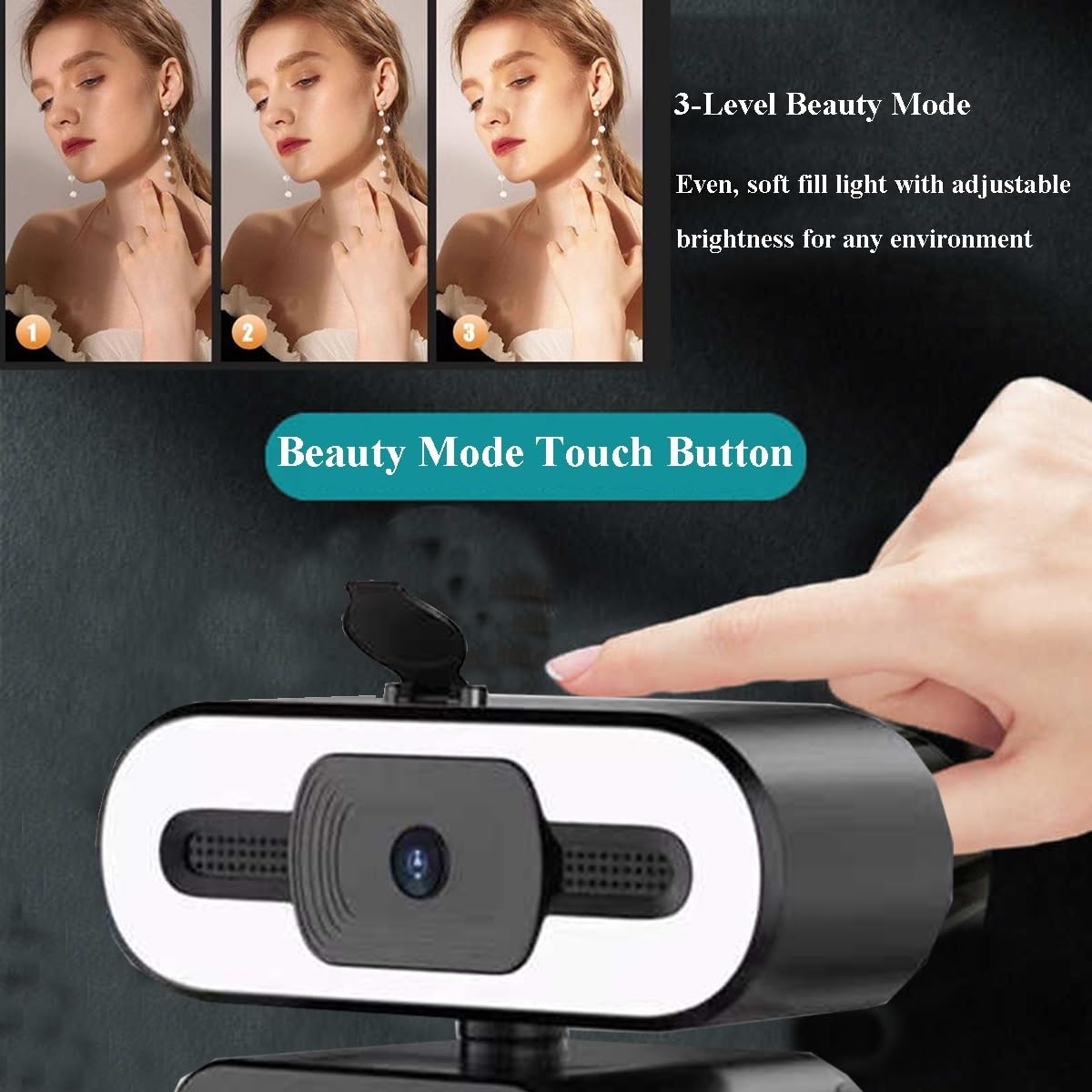 GIZNXBA Webcam para PC con Micrófono, Luz De Tres Niveles Y Cubierta De Privacidad, Webcam USB para Videollamadas, Estudio Y Conferencias(1080p)