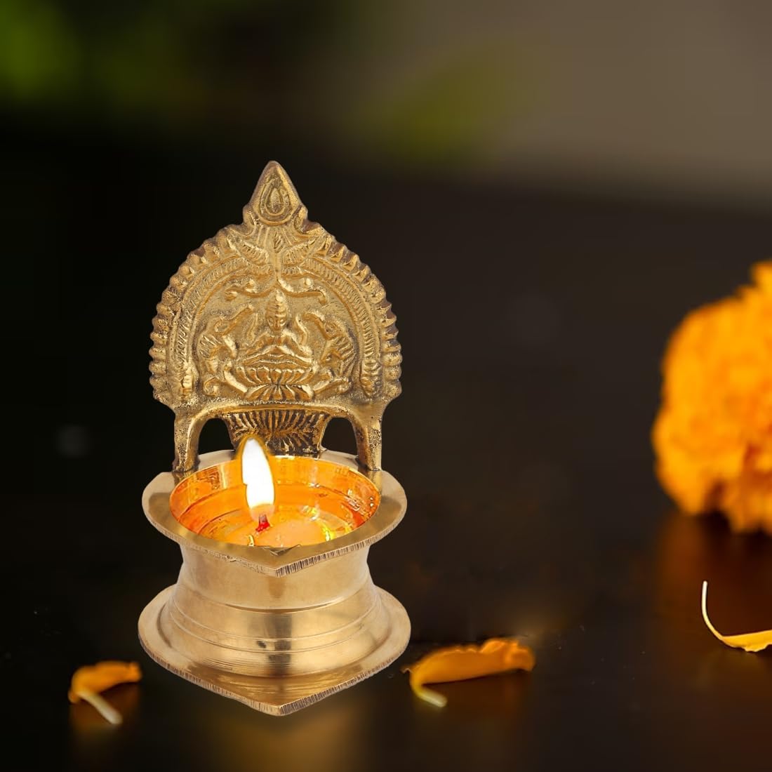 DOKCHAN Kamakshi Devi Brass Oil Deepam/Diya for Pooja|Mandir| Diwali Festival Decoration Brass Table Diya (10cm)-image-2