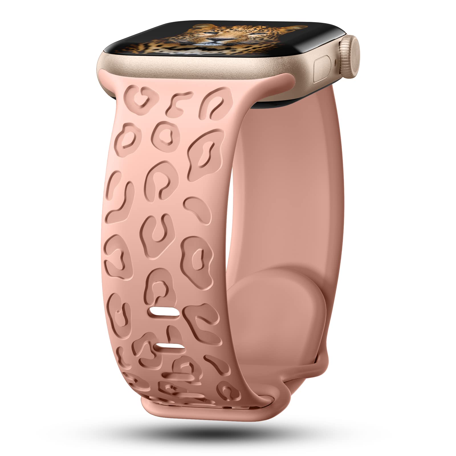 Photo 1 of CreateGreat Leopard Engraved Bands Compatible with Apple Watch Band 40mm 41mm 38mm Women, Cheetah Silicone Strap Compatible with iWatch Series 10 9 8 7 6 5 4 3 2 1 SE Ultra,Sand Pink