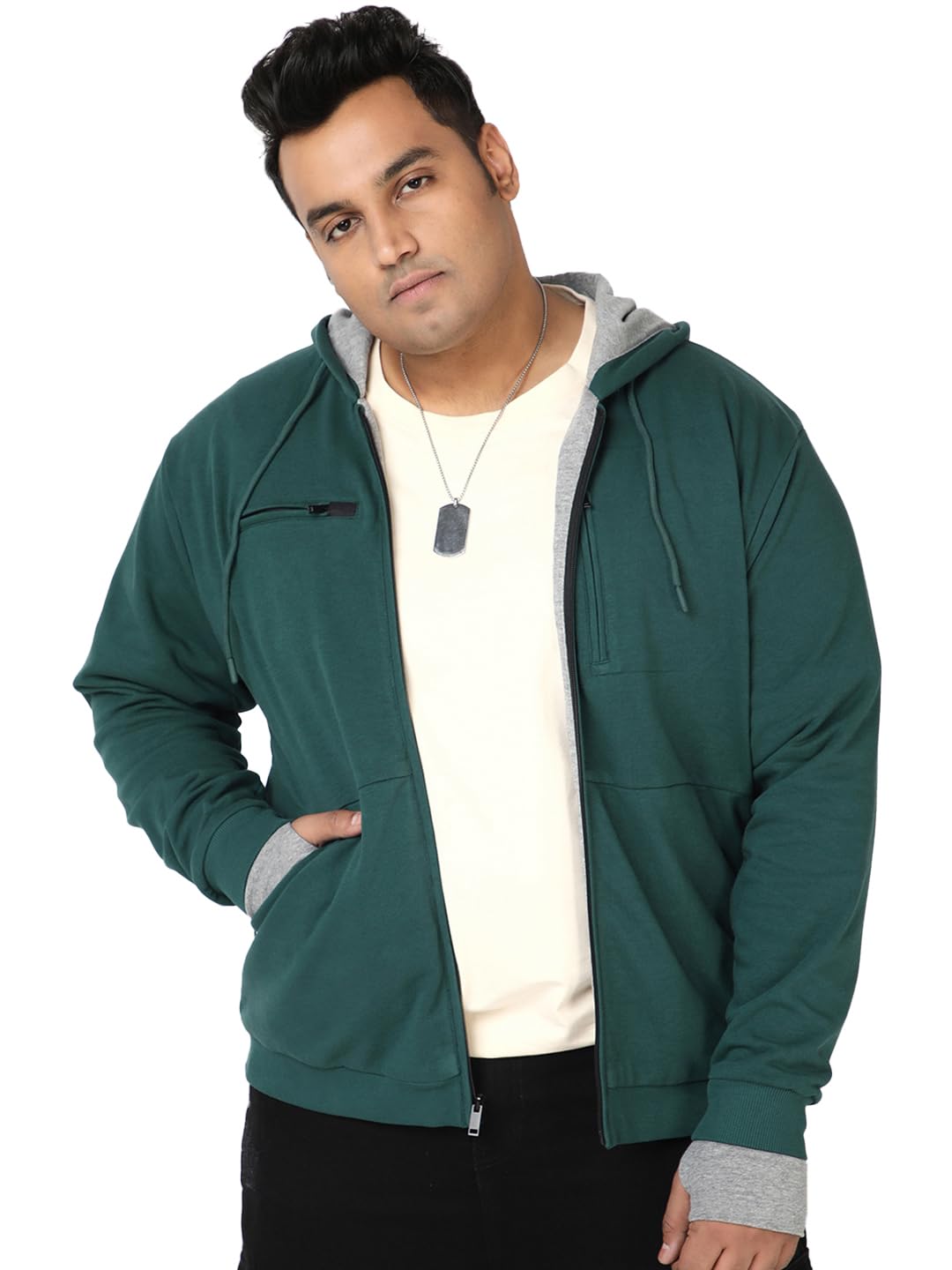 bewakoof Men's Solid Regular Fit Full Sleeve Cotton Blend Plus Size Reversible Zipper Airport Hoodies-picture-33