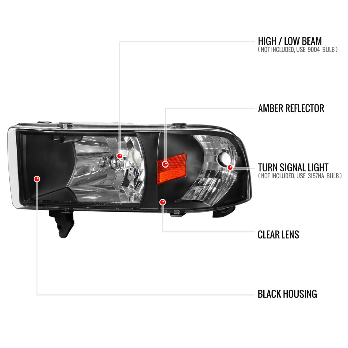 Black Headlight & Corner Light Set For 1994-2001 Dodge Ram 1500/2500/3500 - Clear Lens, DOT/SAE 5 thumbnail image