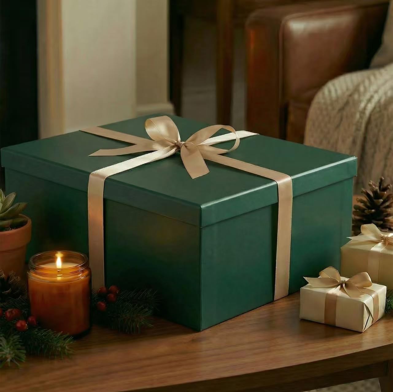 Grande boîte cadeau verte avec couvercle 42 x 32 x 15,5 cm, boîtes cadeaux premium avec couvercle et ruban pour cadeaux de Saint-Valentin, Noël Comprend du papier de soie déchiqueté Cartes