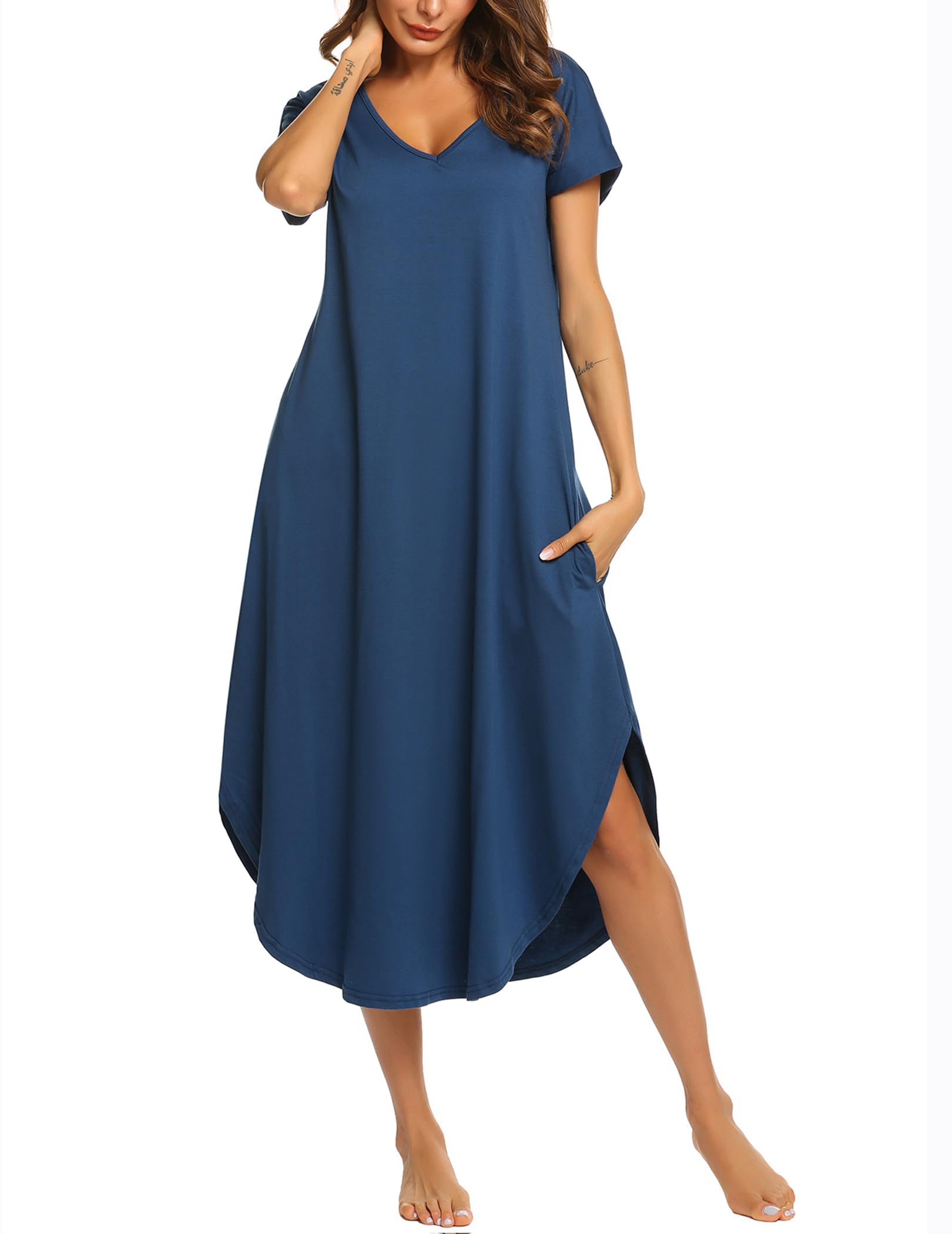 Ekouaer Long Nightgowns for Women Short Sleeve House Dress with Pockets V Neck Sleepshirts Side Split Sleepwear S-4XL