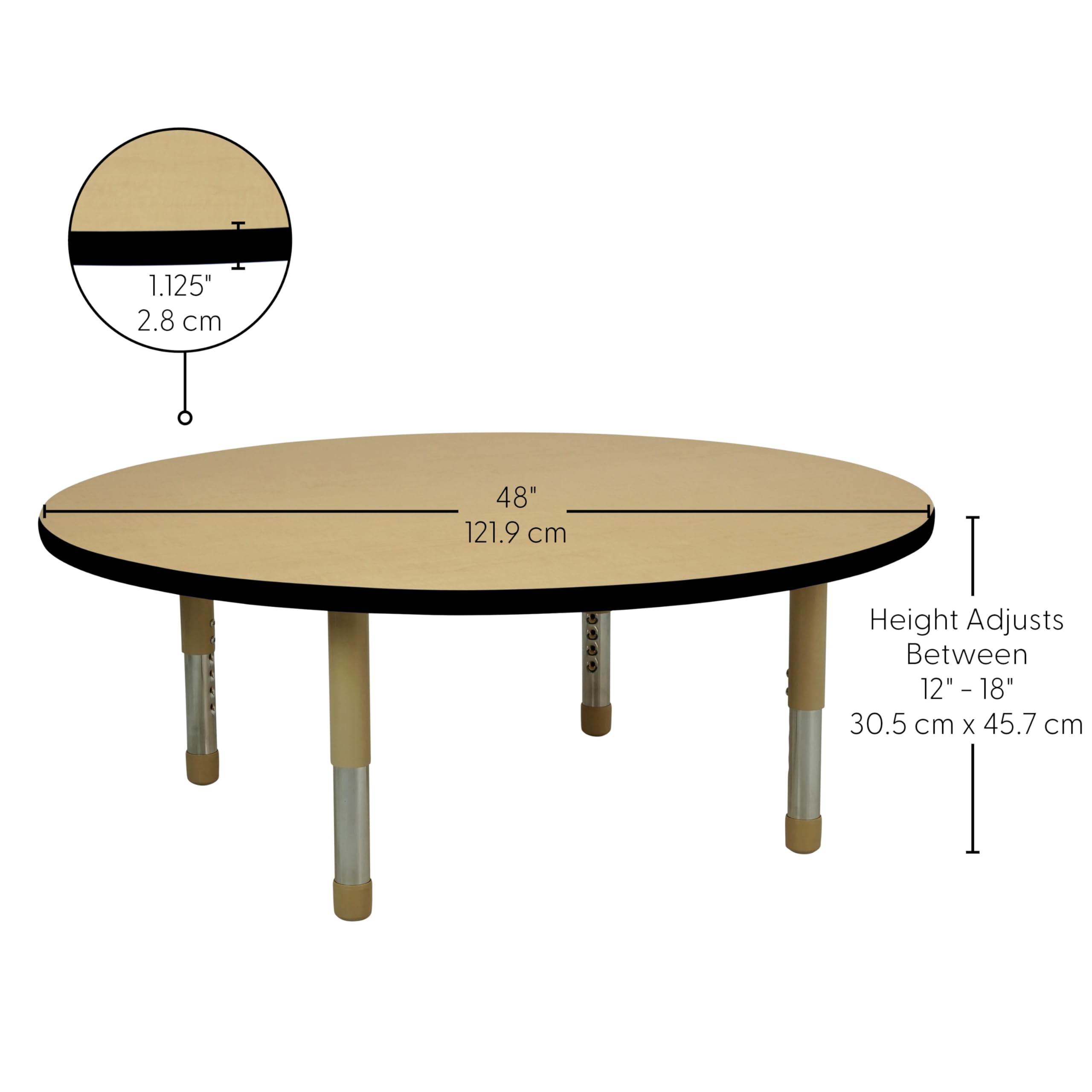 Factory Direct Partners FDP Round Toddler Activity School Toddler Table (48 inch), Neutral Sand Tiny Tot Legs, Adjustable Height 12-18 inches - Maple Top and Black Edge