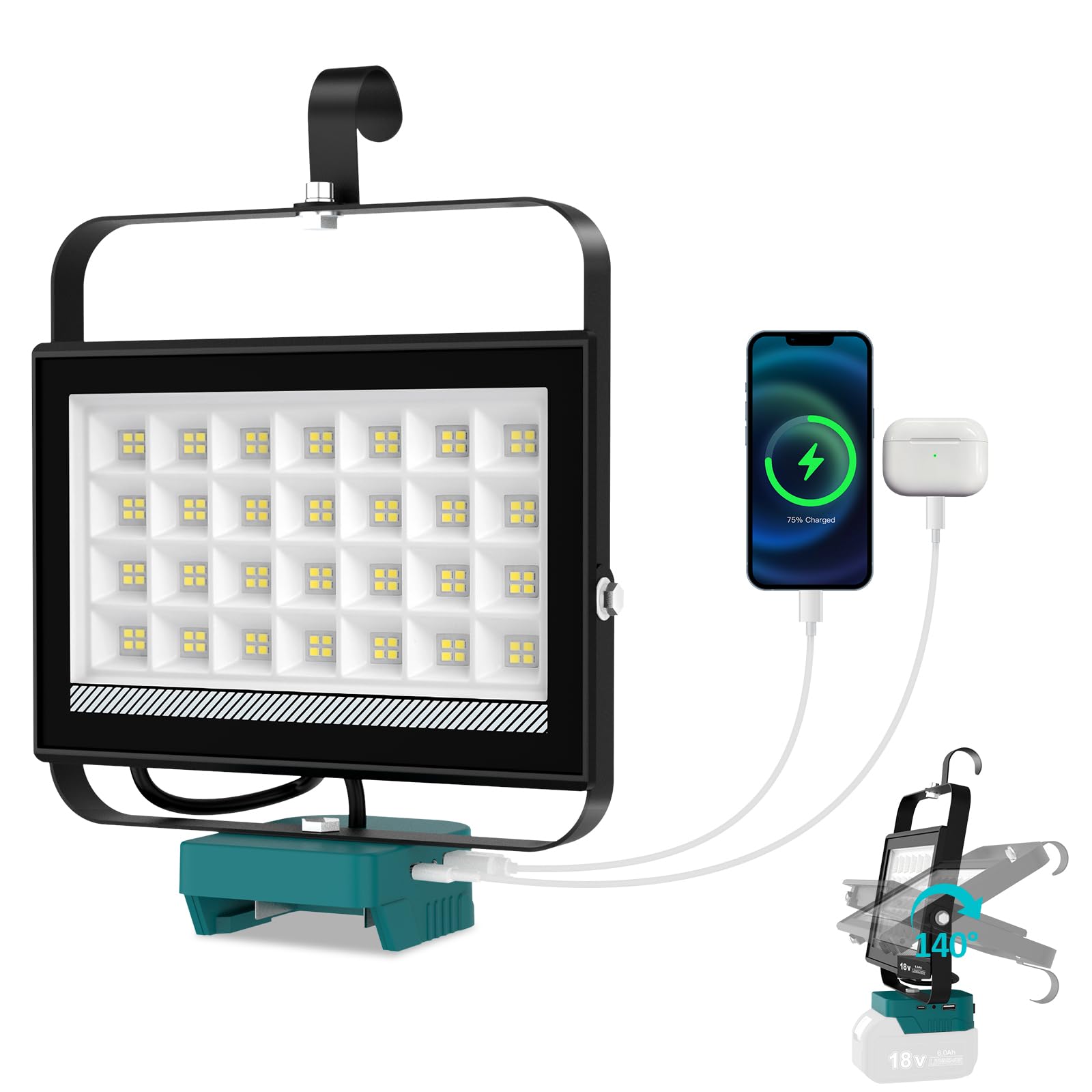 T-SUN 100W LED Work Light, Cordless Portable Light for 20V Max Battery(Not Included), Work Light with USB & Type C Charging Port, for Jobsites,