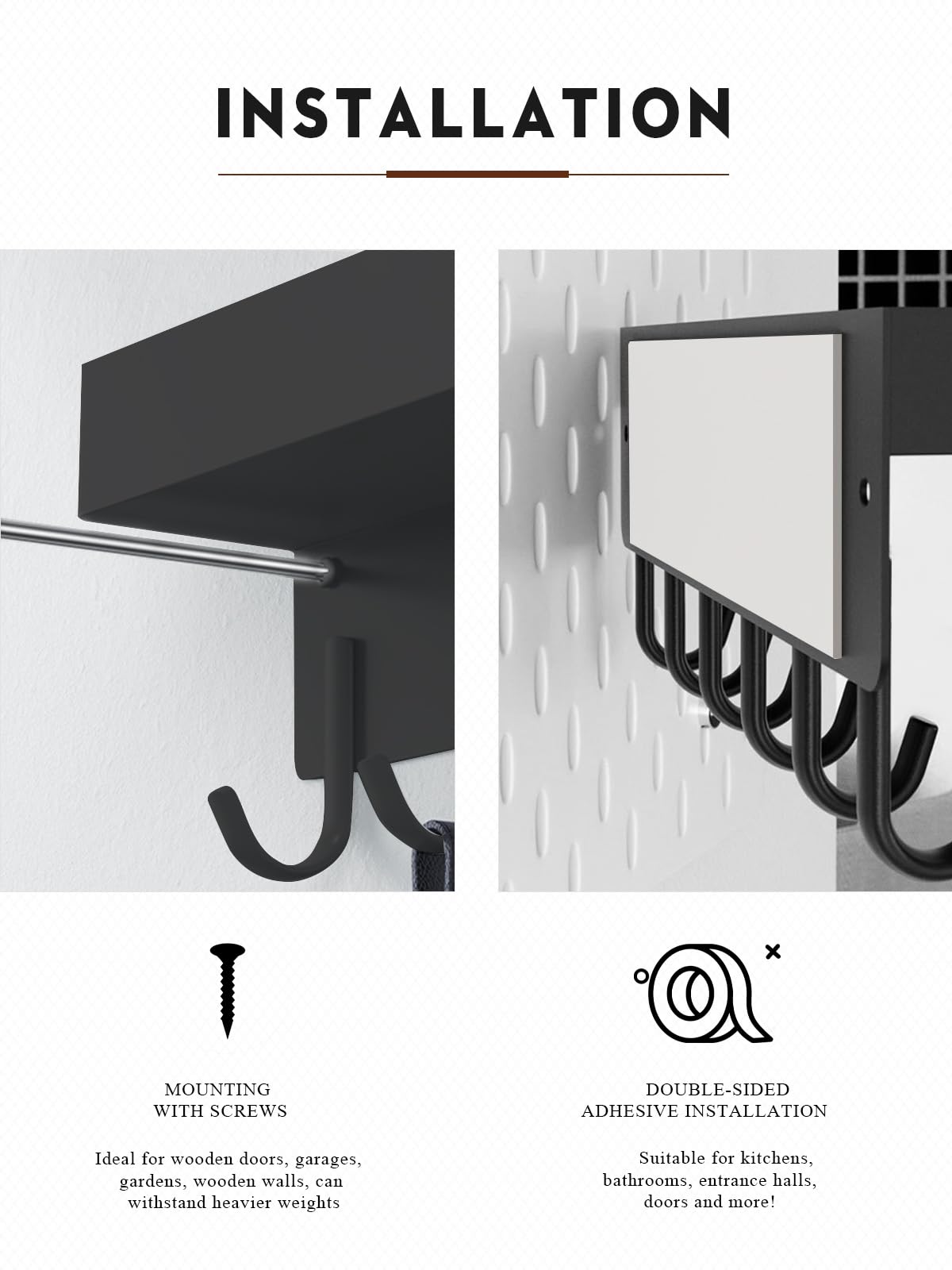 Portachiavi Da Muro Con 6 Ganci | Senza Perforazione | Nero | Per Ingresso E Cucina - Foto 3